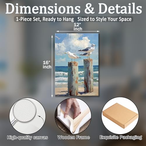 RJETZMU Coastal Beach Wall Art Seagull Canvas Painting, Ocean Themed Nautical Seascape Artwork Gallery Wrapped Decor for Bathroom Bedroom Living Room, 12x16 Inch
