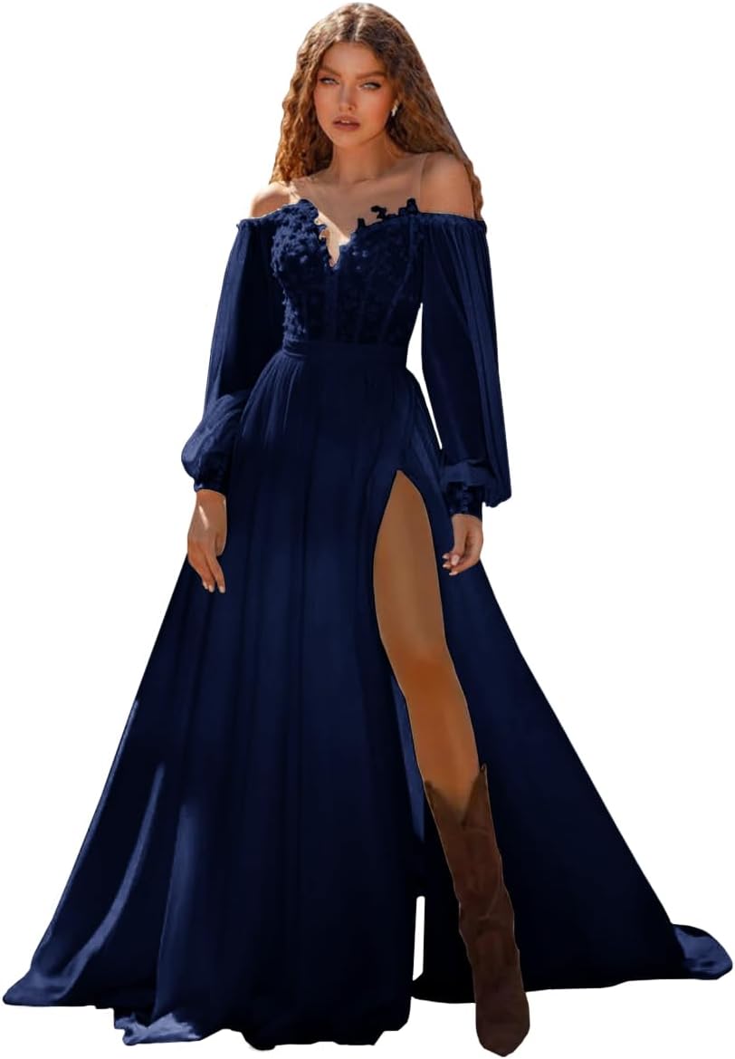 Long Sleeve Wedding Dress for Bride Off Shoulder Sweetheart Applique Chiffon Long Bridal Gown with Slit