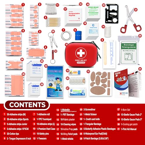 GOODONE2 200-Pcs First Aid Kit Clean, Treat, Protect Minor Cuts, Scrapes. Home, Office, Car, School, Business, Travel, Emergency Kit, Survival, Hunting, Outdoor, Camping & Sports (200-Pcs) Red