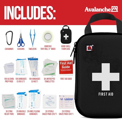 Image of Avalanche 53 Pieces First Aid Kit, Compact Emergency Supplies Kit for Home, School, Car, Travel, Sports or Camping in Hard Shell Foam Case, Portable Mini First Aid Kit, Black
