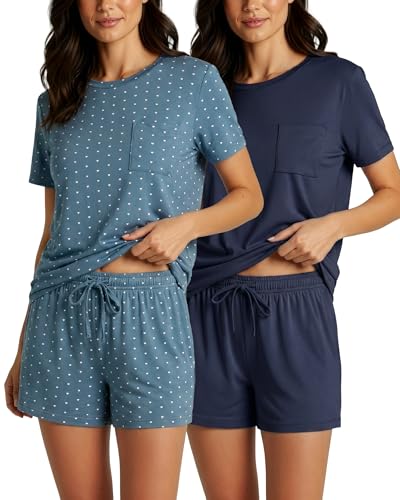 Image of Real Essentials 2 Pack: Women's Short Sleeve Pajama Short Set - Comfy Lightweight Soft Lounge Sleepwear (Plus