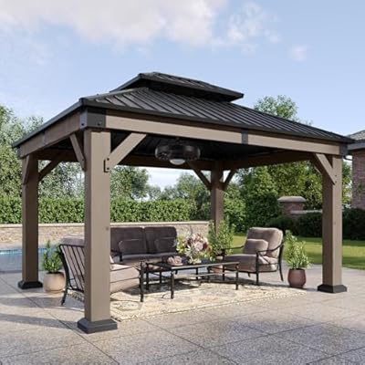 Aoxun 10' x 12' Outdoor Wood Gazebo, Hardtop Gazebo with Galvanized Steel Double Roof, Permanent Wooden Pavilion with Ceiling Fan, for Patio, Garden, Deck, Cedar Wood