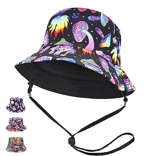 Image of GLGHMH Unisex Reversible Bucket Hat with String, Double-Side Cotton Trendy Summer Fisherman Hat, Travel Sun Fisherman Bucket Hats for Women Men (Mushrooms-Fluorescent)
