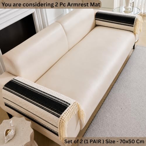 Image of HOMETHREADS Innovative European Premium Style Anti Slip Cotton Sofa Cover Mat with PVC Backing for Non-Slip Comfort (Black, 2Pc Armrest Mat | 70x50cm)