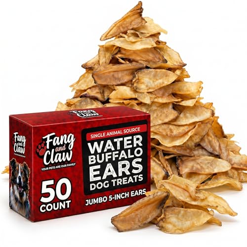 Fang and Claw Ears for Dogs 50 Count Water Buffalo Ears Bulk Pack - Single-Ingredient Long-Lasting Natural Dog Chews Rawhide-Free Grain-Free Grass-Fed Treat for Aggressive Chewers Large Breed