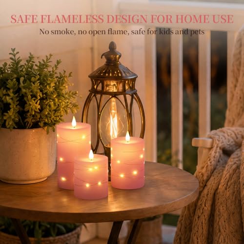 Image of Homemory Pink Flameless Candles with String Lights, Set of 3 Battery Operated LED Pillar Candles with 3D Flickering Wicks, 11-Key Remote Control and Timer for Wedding, Valentine's Day and Home Decor