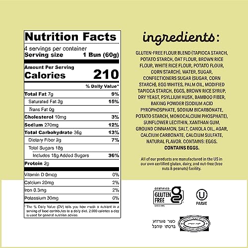 Katz Gluten Free Cinnamon Buns. Fresh Baked Buns Made With Real Cinnamon And Covered In A Sweet Glaze. Grain Free. Tree Nut Free, Peanut Free. Dairy Free. Soy Free. Kosher. 4 Individually Wrapped Cinnamon Buns 8.5 Oz. (Pack Of 6) #TOP2