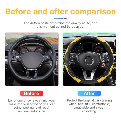 Image of Osilly Car Steering Wheel Cover, 15 inch Carbon Fiber Microfiber PU Leather Elastic Steering Wheel Protector for Men Women, Anti-Slip Breathable Car Interior Accessories for Most Cars (Yellow)