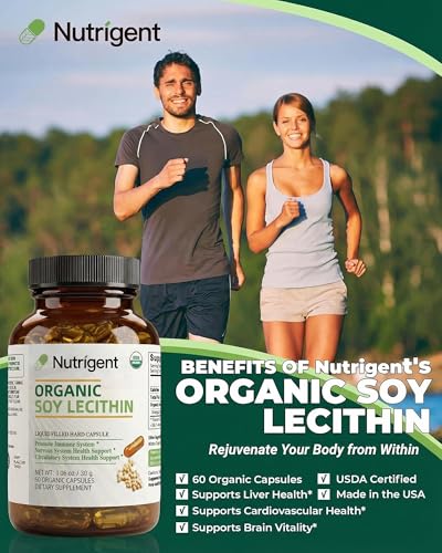 Nutrigent USDA Organic Soy Lecithin Supplement 800 mg, High Absorption Liquid Organic Capsules, Choline Lecithin Supplement for Brain & Liver Health Support, Non-GMO, Gluten Free, 60 Count