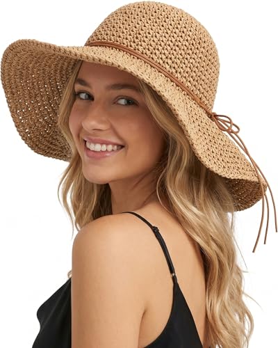 Image of Beach Sun Straw Hats for Women, Floppy Wide Brim Summer Straw Hats, Foldable Packable Roll up Cap