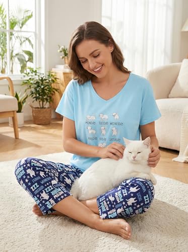 Image of CHUNG Women Cotton Pajama Sets Sleepwear pjs Short Sleeve Shirt Capri Length Crop Pants Cute Vivid Print