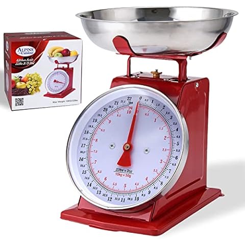 Alpine Cuisine Analog Kitchen Scale Red - Mechanical Kitchen Weighing Food Scale Weighs Up to 22 Lbs., Analog Food Scale for Kitchen - Measures in Grams and Ounces - Food Weight Scale Cover