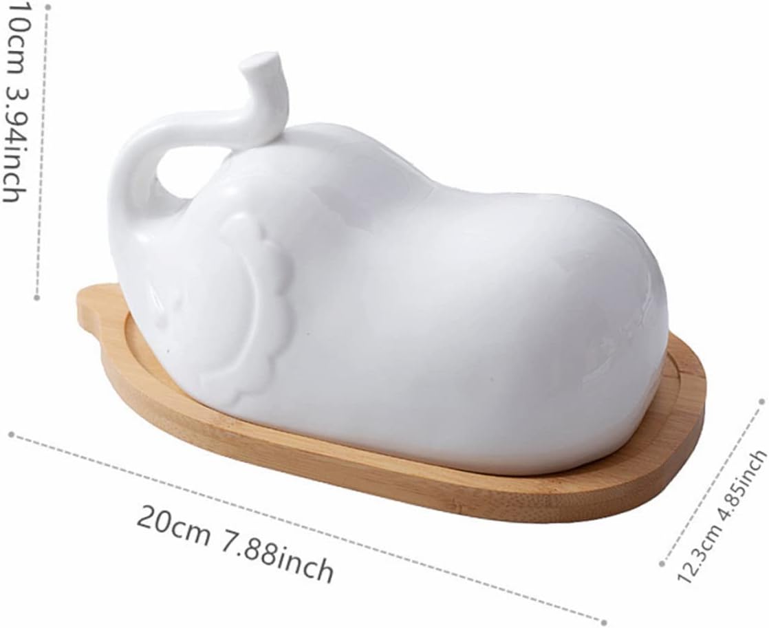 Garneck Elephant Shape Porcelain Butter Dish with Ceramic Lid and Simple Wooden Tray Microwave Safe Butter Plate for Hotel and Home Tableware Dishwasher Friendly Elegant Design for
