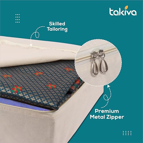 Image of TAKIVA Cotton Canvas Saree Storage Bags (Pack of 2) | Cotton Bags for Clothes Storage | Bags for Storing Clothes and Blankets (Off White)