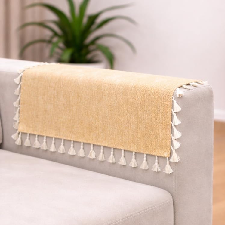Image of STITCHNEST Premium Woven Fabric Sofa Arm Cover with Tassels | Elegant Hand Rest Protector | Durable & Stylish | 18 x 22 Inches