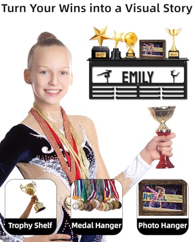 Image of Personalized Medal Hanger Display with Trophy Shelf | Custom Name, 3 Sizes, 3 Colors & 100+ Sports Icons Baseball, Football, Dance, Gymnastics, Running, Soccer & Swimming