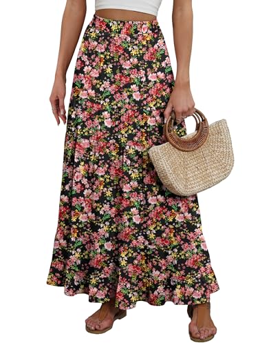 Image of ANRABESS Womens Maxi Skirt Elastic High Waist Swing Tiered A-line Flowy Pleated Boho Beach Vacation Long Skirts