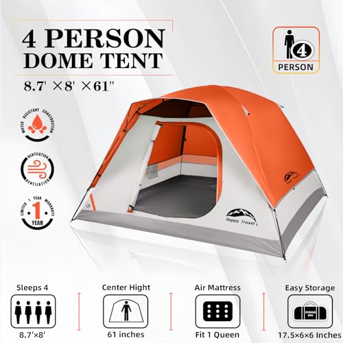 Image of Happy Travel Camping Tent, 4 /5 Person Dome Tents for Camping with Rainfly, Waterproof Clip Easy Setup Portable Family Tent with Mesh Windows, 20% More Headroom Backpacking Tents for Camping & Hiking