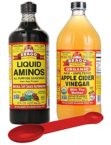 Braggs Organic Health Saver Package: Braggs Organic Liquid Aminos 32 oz + Bragg's Apple Cider Vinegar Organic Raw Unfiltered, 32 Oz; With Bonus Measuring Spoon