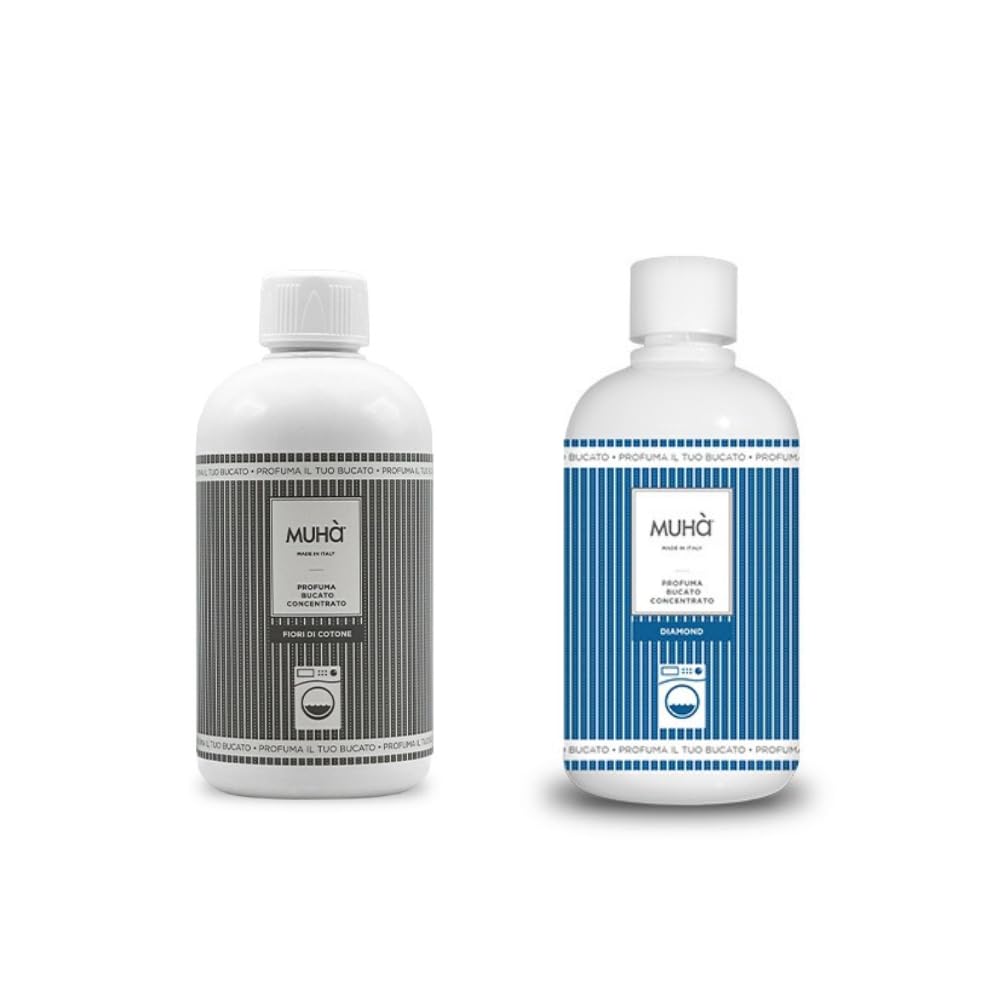 Confezione di Due Profumatori Concentrati per Bucato, Profumo Intenso e Duraturo, 400ml - Fiori di Cotone + Diamon Totale 800ml, Freschezza Lunga Durata