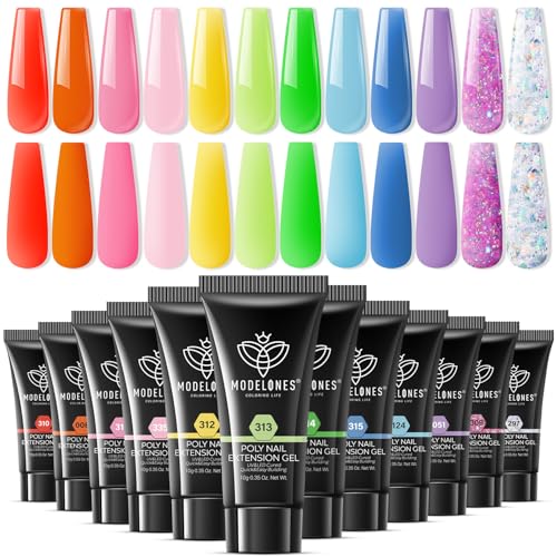 modelones Poly Gel Kit 12 Colors Rainbow Summer Bright Neon Poly Nail Extension Set Candy Red Yellow Builder Nail Gel Art Design Salon Professional Technician Tool Beauty Gifts for Women