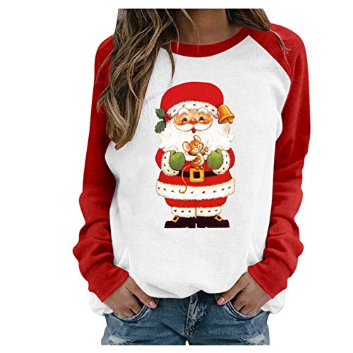 Preisvergleich Produktbild Weihnachten Pullover Damen, Weihnachtsmotiv Langarm Rudolph Rentier Elfe Druck Weihnachtspullover Rundhals Patchwork Christmas Sweatshirt Xmas Pulli Bluse
