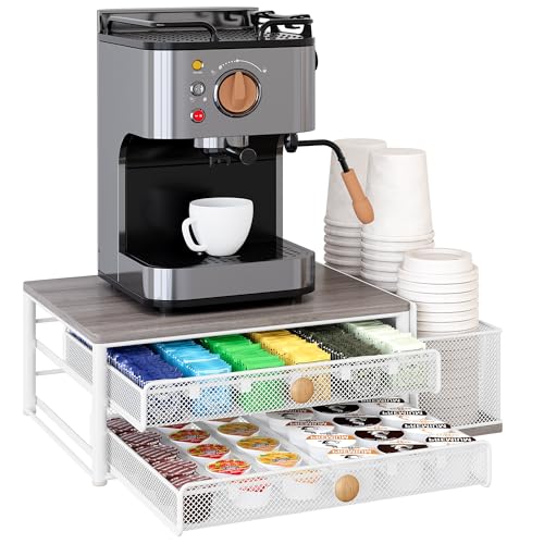 TQVAI K Cup Holder - 60 Capsule Capacity Pull Out Coffee Pods Drawer with Disposable Cups & Lids Holder - Coffee Bar Organizer for Countertop