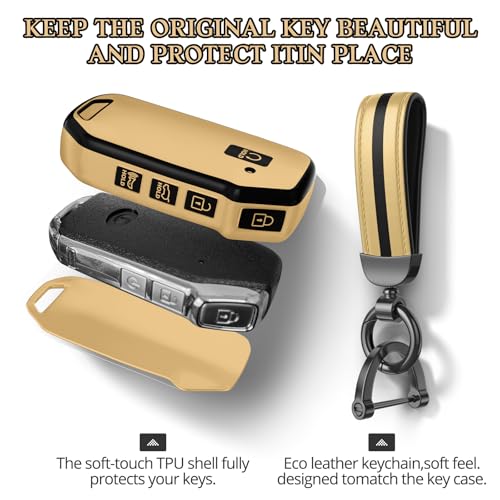 Image of for Kia Key Fob Cover Accessories,Matte TPU Material, with a Cute Leather Keychain,for Telluride,Carnival,K5 gt line，K5，Forte，K4，Sorento, Sportage and Other Models. (Champagne Gold, Model-2)