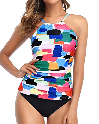 Tempt Me Women Color Block High Neck Tankini Swimsuit Tummy Control Top with Bottom Two Piece Bathing Suits XL