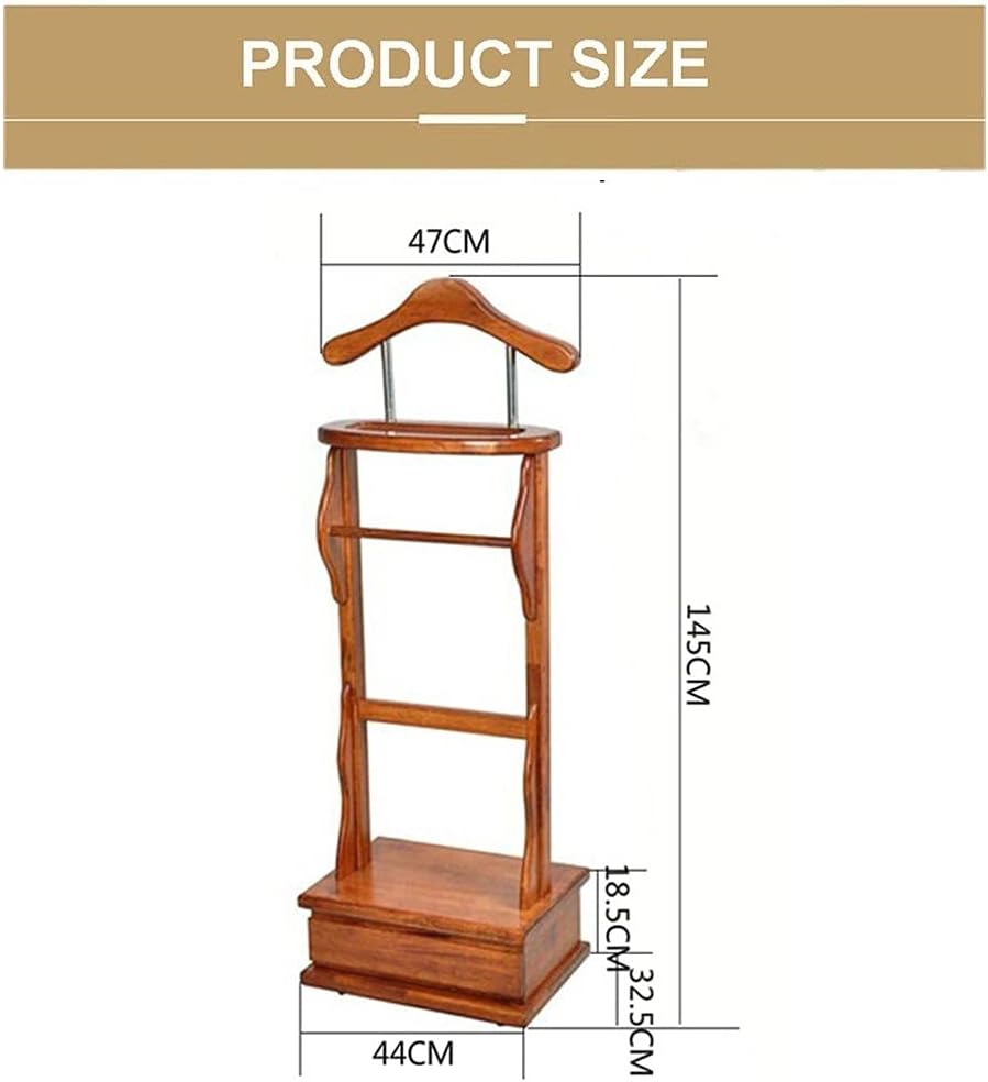 Coat Rack Freestanding Clothes Valet Stand with Rectangular Drawer Solid Wood Standing Suit Hange Valet Stand Unisex Storage Tray and Hanger Metal and Wood Mut