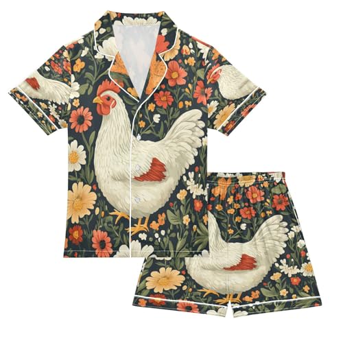 Satin Pajama Sets Short Sleeve Floral Cute Hen Pattern Button Down Silky Nightwear 2 Piece PJS 5-14Y