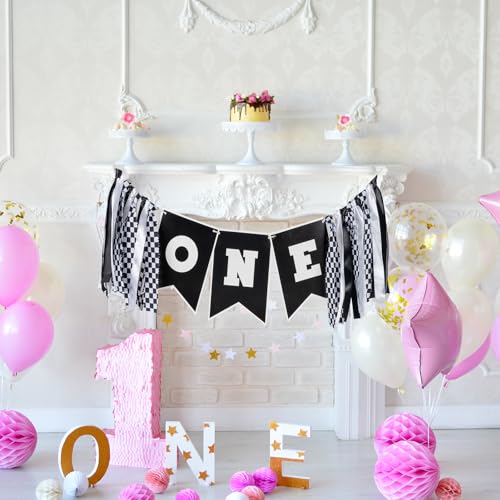 Image of Race Car First Birthday Highchair Banner, Pre - strung Black & White Checkered inchONE inch Garland for Boys' Fast One Party, Cake Smash Photos & Racing Theme Decor