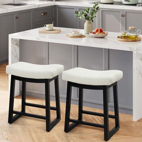 Image of Counter Height Bar Stools Set of 2, 24 Inch Backless Upholstered Counter Stools with Solid Rubberwood Legs, Modern Farmhouse Saddle Stools for Kitchen Island, Home Bar, White Linen Fabric