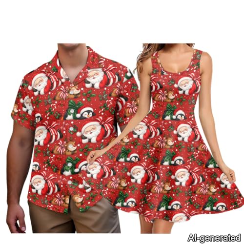 Image of Dreaweet Summer Dresses for Women A-Line Sleeveless Flowy Sun Dresses,Men's Casual Button-Down Shirts,Couple Matching Outfits