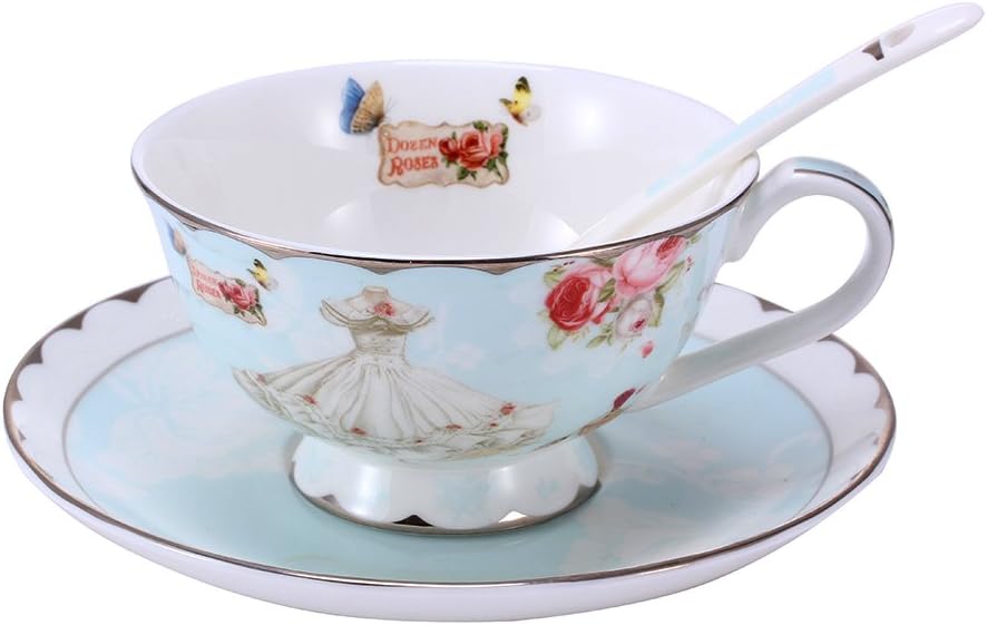 FAMIWORKS Fine Bone China Teacup Spoon and Saucer Set, Easy Clean, Great Design with Romantic Rose Dress, 200 - 300 Milliliter( White- Blue)