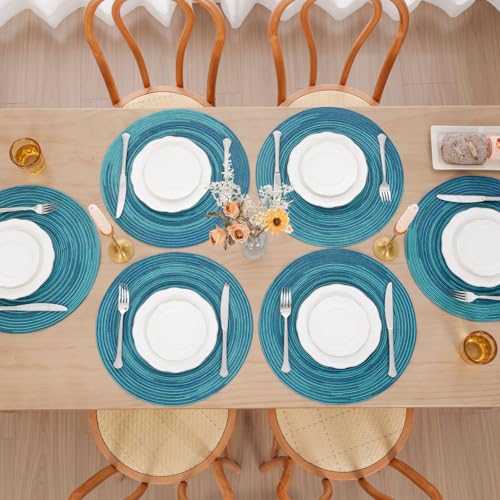 Image of SHACOS 15 inch Round Placemats Set of 6 Variegated Multicolor Place Mats Cotton Polyester Braided Non Slip Washable Heat Resistant Table Mats for Home Wedding Dinner Party Table Decor, Rainbow Teal