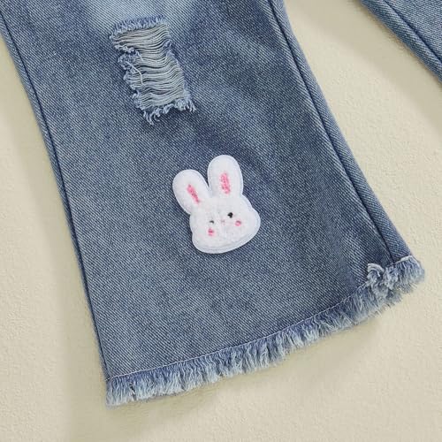 FYBITBO Toddler Baby Girl Clothes Fall Winter Baby Girl Outfit Floral Crewneck Sweatshirt Bell Bottom Jeans Pants Set (Pink Easter bunny, 2-3T) - Thumbnail 6