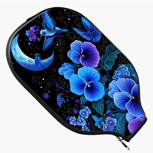 RWUTYTIUL Blue Flower Bird Pickle Ball Paddle Cover, Neoprene Pickleball Paddle Sleeve with Zippered Racket, Universal Paddle Storage Bag Size 8.66" x 11.4", Pickleball Paddle Case for Women Men