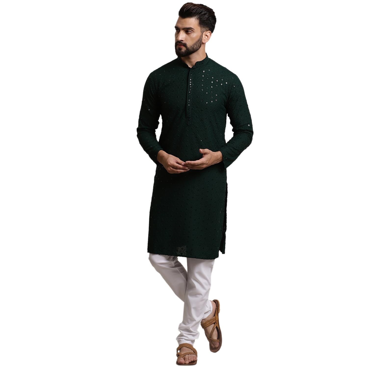 Sojanya (Since 1958 Men's Pure Cotton Dark Green Sequence Kurta & White Pyjama Set