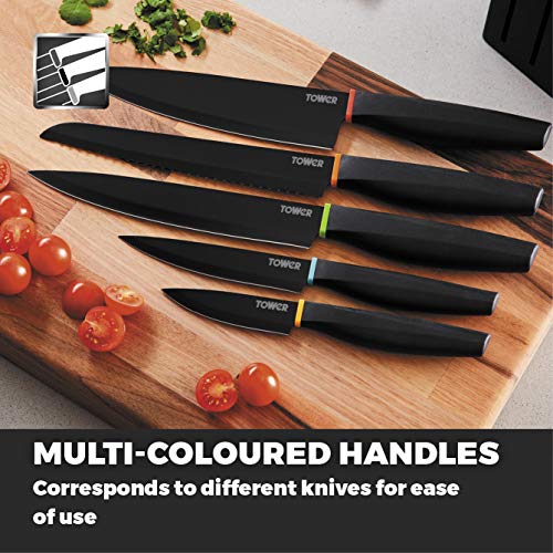 Tower-T851034BLK-5-Piece-Knife-Set-with-Paring-KnifeUtility-KnifeSlicing-KnifeBread-KnifeChef-Knife-and-Wooden-Block-Black