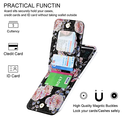 Ximand For Samsung Galaxy Z Flip 4 5G Flower Credit Card Holder Wallet Case With Strap, Rose Pattern Crossbody Purse Floral Kickstand For Women, Cute And Charming.(Black) #TOP7
