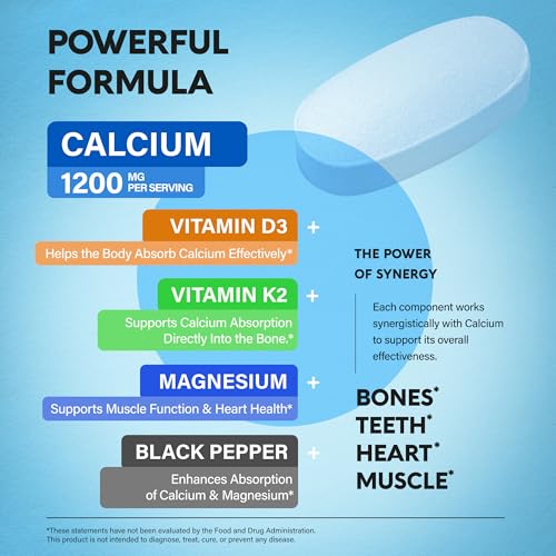 Calcium 1200 mg with Vitamin D3 - Calcium Citrate Supplements for Women & Men - Bone Health, Strength & Density - High Absorption & Slow Release - Lab Tested, Made in USA - 180 Tablets, 60 Days Supply - Image 6
