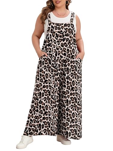 Lastshe Plus Size Jumpsuit for Women Casual Wide Leg Overalls Loose fit Adjustable Rompers with Pockets 2026,Leopard Spotted,4X