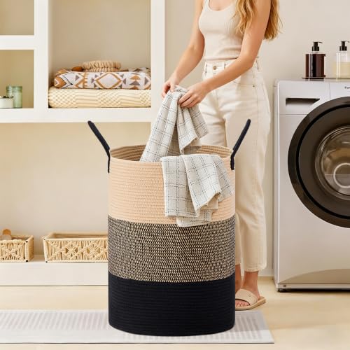 Image of 58L Tall Cotton Rope Laundry Basket with Handles, Brown & Black