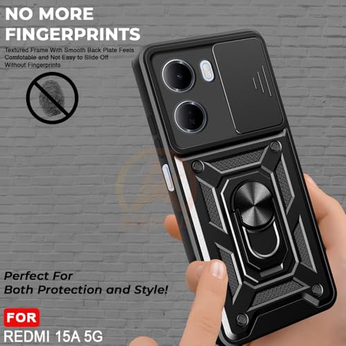 Image of Armor Bumper Back Cover Case for Redmi 15A 5G | Rotating Camera Cover, Ring Holder & Kickstand | Heavy Duty & 360 Degree Protection Redmi 15A 5G Back Cover (Black)