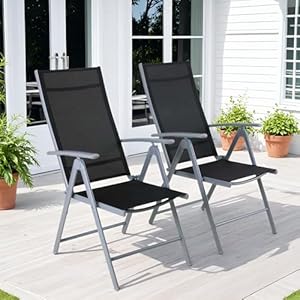 Clevich Gartenstuhl Hochlehner 2er Set, Aluminium Balkonstuhl Klappbar, 7-Fach verstellbare Rückenlehne, Campingstuhl Bis 120kg Belastbarkeit, Atmungsaktiv & Wetterfest, Silber Grau