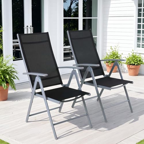Clevich Gartenstuhl Hochlehner 2er Set, Aluminium Balkonstuhl Klappbar, 7-Fach verstellbare Rückenlehne, Campingstuhl Bis 120kg Belastbarkeit, Atmungsaktiv & Wetterfest, Silber Grau