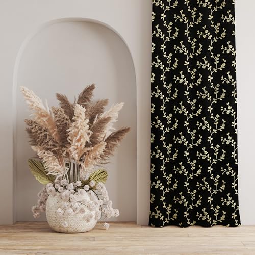 Image of Heavy Velvet Fabric Room Darkening Floral Design Curtains 8 Feet for Door, Black, Pack of 2 Pieces