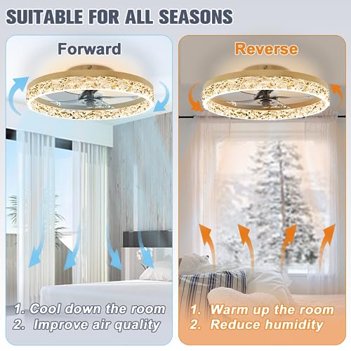 Image of VOLISUN Fandelier Ceiling Fans with Lights and Remote, 19.7in Low Profile Ceiling Fan Flush Mount, 3000K-6500K Dimmable, Modern Ceiling Fans with Lights for Bedroom, Living Room, Kitchen(Gold)