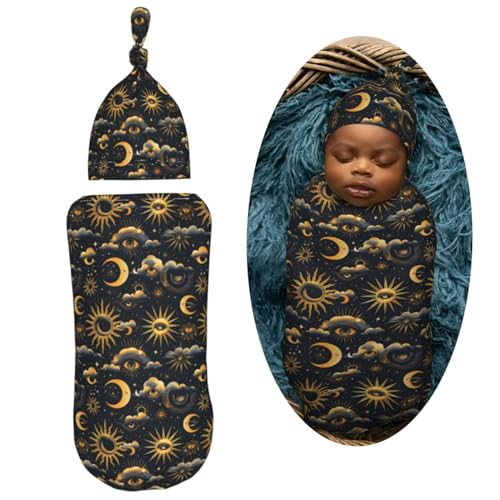 Image of Golden Sun Moon Eyes Newborn Swaddle Blankets Hat Sets Soft Baby Receiving Blanket Swaddle Sack for Baby Shower Infant Boy Girl Gift